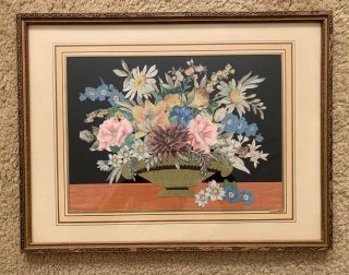 Rare Decoupage Vintage Floral Framed Picture Signed Vanderbilt 17” X 13”