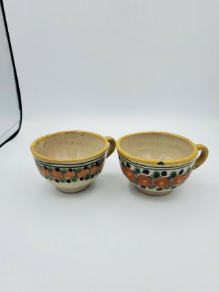 Rare Mexico Pottery Puebla Hand Made Hand Decorated Set Of 2 Tea Cup 2 1/8  T