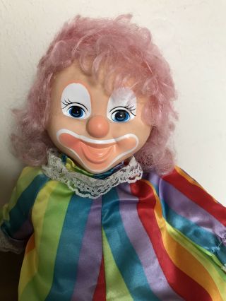 Rare Vintage 1987 Plush Rubber Face Clown Doll Satin Rainbow With Pink Hair 14”