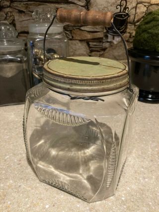Rare 1 Gallon Antique Hoosier Glass Jar Bottle With Lid And Handle Primitive