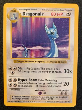 Pokémon Shadowless Dragonair 18/102 Base Set Rare Wotc 1999 Nm/m