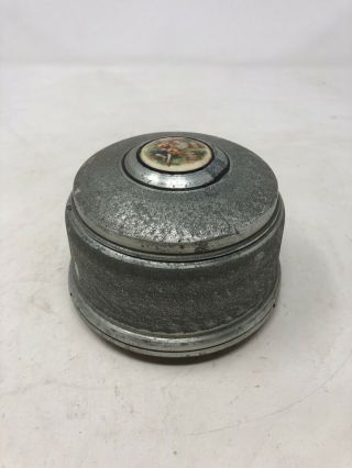 Antique Powder Jar Music Box With Design On Top Silver Tone