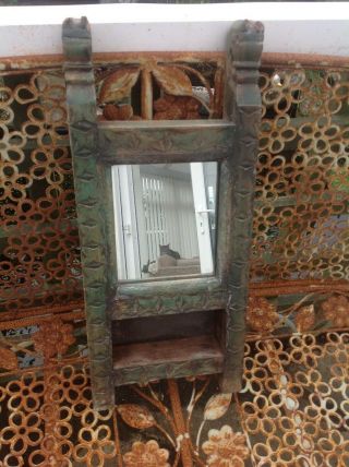 Folk Art Wooden Hand Carved Mirror Frame With Shelf & Horse Head Toppers