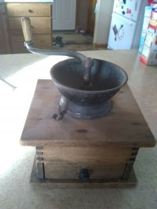 Antique Coffee Mill Grinder,  Vintage Coffee Grinder,  Cast Iron,  Wood Box Grinder