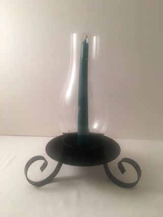 Vintage/antique Black Iron Candle Stick Holder With Glass Chimney