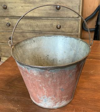 Antique Tin Vermont Farm Pail Bucket In Old Red Paint