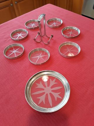 Set Of Seven (7) Sterling & Crystal Coasters & Caddy,  Sterling Wine Coaster