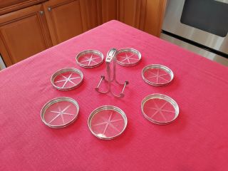 SET OF SEVEN (7) STERLING & CRYSTAL COASTERS & CADDY,  STERLING WINE COASTER 3