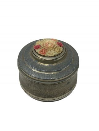 Antique Powder Jar Music Box With Celluloid Flowers On Top