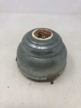 Antique Powder Jar Music Box Grey With Gold Feet