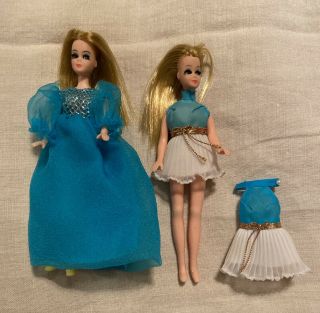 2 Vintage 6” Dawn Dolls,  2 Dresses,  Turquoise Gown,  Shoes - Topper 1970