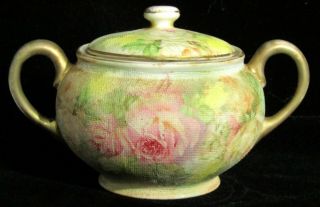 Antique Royal Bayreuth Tapestry Rose Porcelain Covered Sugar Bowl