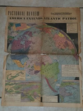 Rare Jan 1941 Los Angeles Examiner Newspaper Wwii Atlantic Patrol Color Map Page
