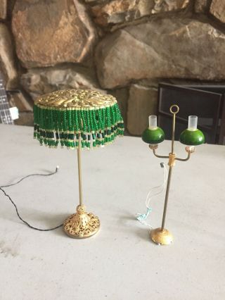 2 Vtg Dollhouse Miniatures Electric Floor Lamps Green Beaded Glass Brass Plug - In