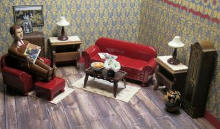 Strombecker Living Room Set W/ Renwal Doll,  Vintage Wooden Dollhouse Furniture
