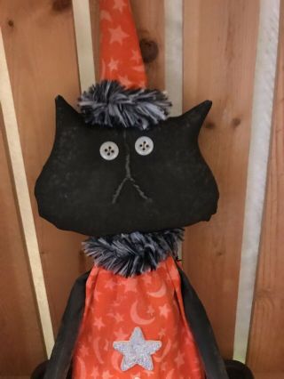 Primitive Halloween Party Black Cat Doll With Hat Orange White Silver Stars