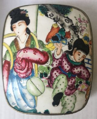 Chinese Antique Porcelain & Shard Metal Trinket Box 5 1/2” By 4 1/2” - 1 1/2” H