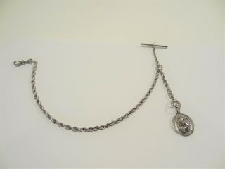 Antique Sterling Silver Pocket Watch Chain & 1909 Lady Liberty Pop Out Coin Fob