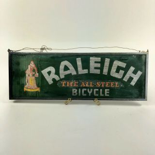 Rare Vintage Glass And Metal Raleigh Bicycles Sign 8” X 24”