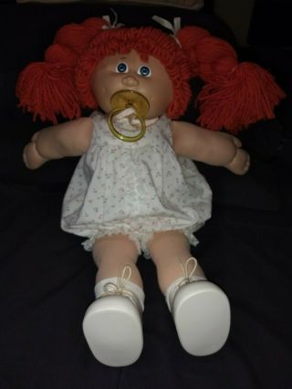 Vtg Cabbage Patch Kid Girl Doll W Dimples,  Red Yarn Hair & Blue Eyes Pacifier