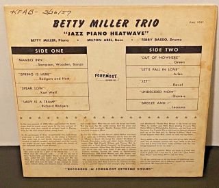 Rare BETTY (E) MILLER TRIO A Jazz Piano Heatwave 1956 FOREMOST LP KC MO 2