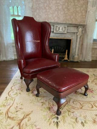 Vintage Miniature Dollhouse Artisan Cranberry Red Leather Wingback Chair Ottoman