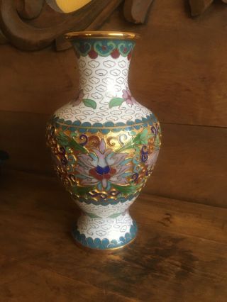 Vintage Chinese Cloisonne 6” Vase W/colorful Flowers Vgc