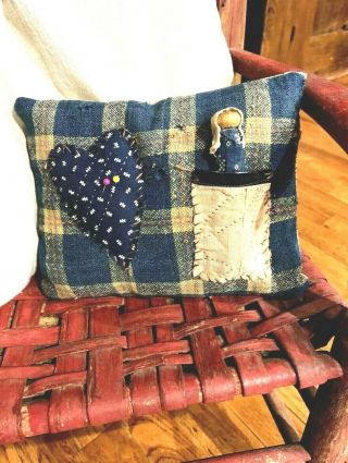 Sm Pillow Of Early Lindsey Woolsey Raised Heart Old Blue Calico Pocket W/ Doll