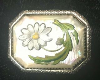 Antique Reverse Painted Glass Flower Brooch Pin Estate Costume Jewelry