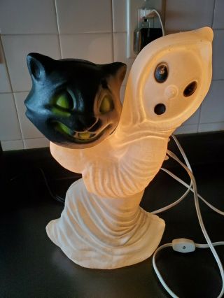 Rare Vintage Halloween Ghost Holding Black Cat Head Blow Mold Cord & Bulb