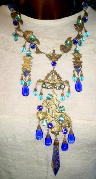 Very Old Egyptian Necklace,  Blue Glass Beads,  Cleopatra,  Sign Czechoslovakia