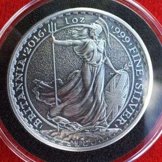 2016 British Silver Britannia 1 Oz.  999 Silver Coin - Custom Antique Finish