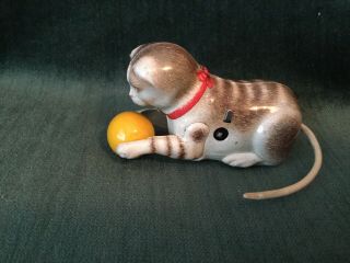 Antique Metal Litho Tin Wind - Up Cat With Ball West Germany Twirling Tail Kitten