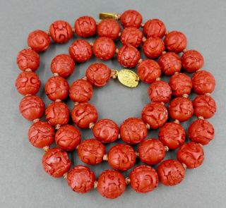 Fine Old Chinese Carved Red Cinnabar 15mm Bead Silk Knotted Necklace