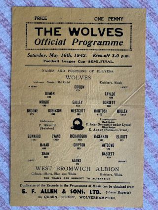 Rare 1942 War Cup Semi Final North Wolves V Wba Wolverhampton W West Bromwich A