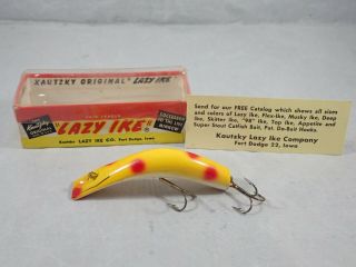 Vintage Kautzky Lazy Ike - 3 Yellow & Red Fishing Lure W/ Kl - 35 Ys Box & Paperwork