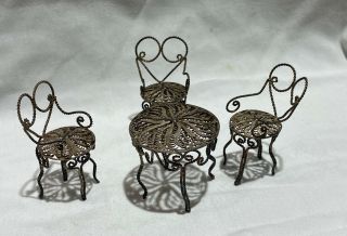 Vintage Silver Filigree Miniature Doll House Furniture Table And Chairs