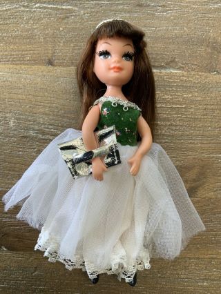 Vintage Tiny Teen Mini Doll 5 " Date Time 1967 Uneeda Dress & Silver Clutch Vgc