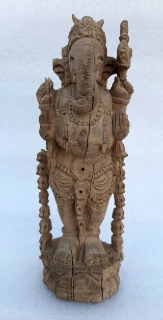 Antique Old Wood Hand Carved Hindu God Ganesha Holy Worship Figure Rare Statue