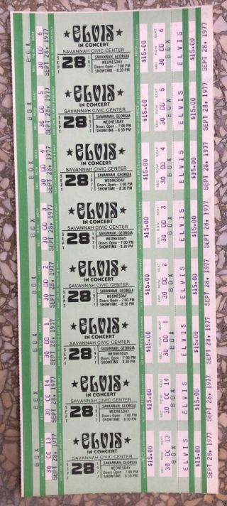 Rare 1977 Elvis Presley Savannah,  Ga Concert Ticket Uncut Sheet