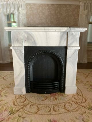 Vintage Miniature Dollhouse Faux White Marble Fireplace With Black Insert Heavy