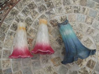 Three Tulip Shade For Antique Deco Style Table,  Lamps,  2 Pink,  One Blue (broke)