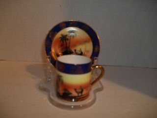 Vintage Pearlwhite Bohemia Demitasse Cup & Saucer Cobalt Blue Gold Desert Camel