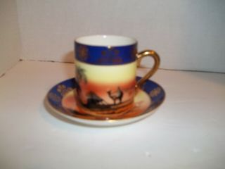 Vintage Pearlwhite Bohemia Demitasse Cup & Saucer Cobalt Blue Gold Desert Camel 2