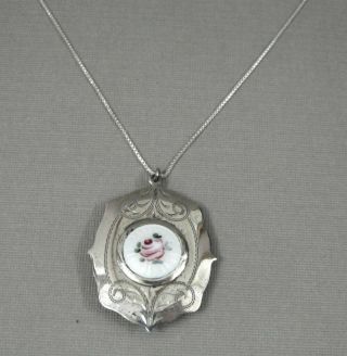 Antique Vintage Sterling Silver Guilloche Enamel Locket Necklace