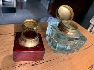 Vintage Antique Brass Ruby Red / Light Green Glass Inkwells 2 Pc