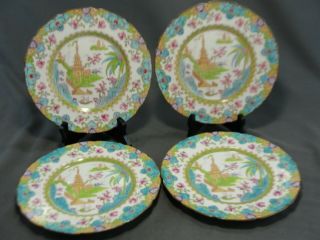 4 Rare Royal Doulton Asian Inspired Turquoise Pink 8 1/4 " W Plates Pattern E2923