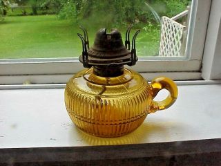 Antique Amber Glass Finger Lamp - Oil Ribbed Pattern Queen Anne Burner