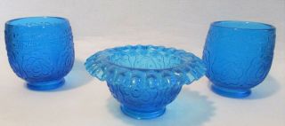 Set Of 3 Rare Fenton Vintage Blue Votive Candle Lamp Shades & Dish Persian