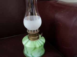 Antique Miniature Green Satin Glass Oil Or Kerosene Lamp